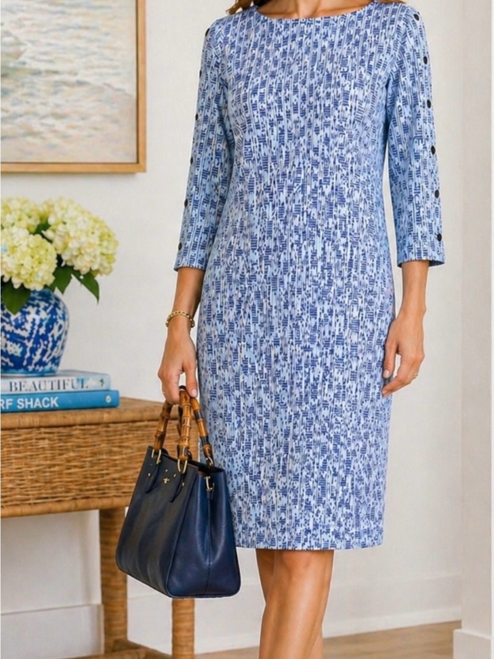 J. McLaughlin Blue Patterned Midi Sheath Dress